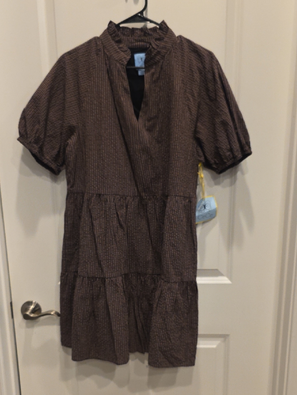 CeCe Brown Checked Tiered Dress with Ruffle Neck